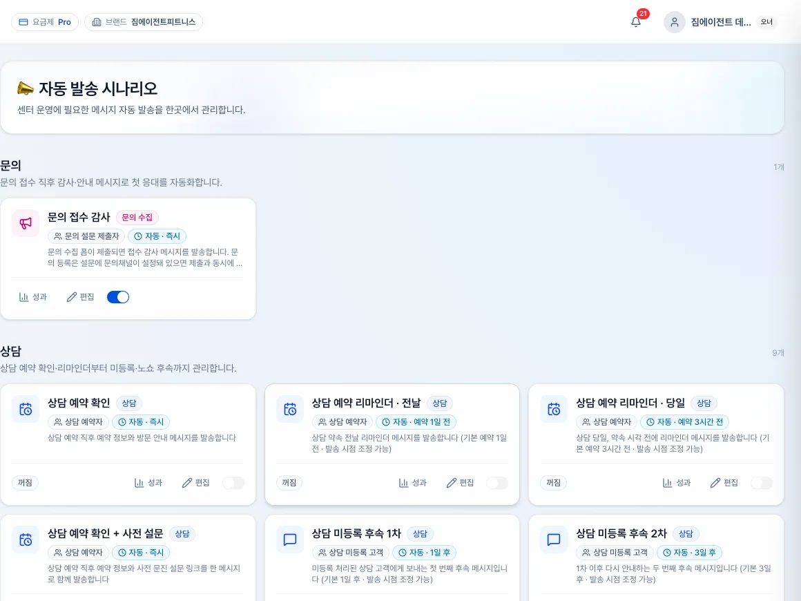 GymAgent 자동 발송 시나리오 화면 — 문의 접수 감사 알림톡 운영 중