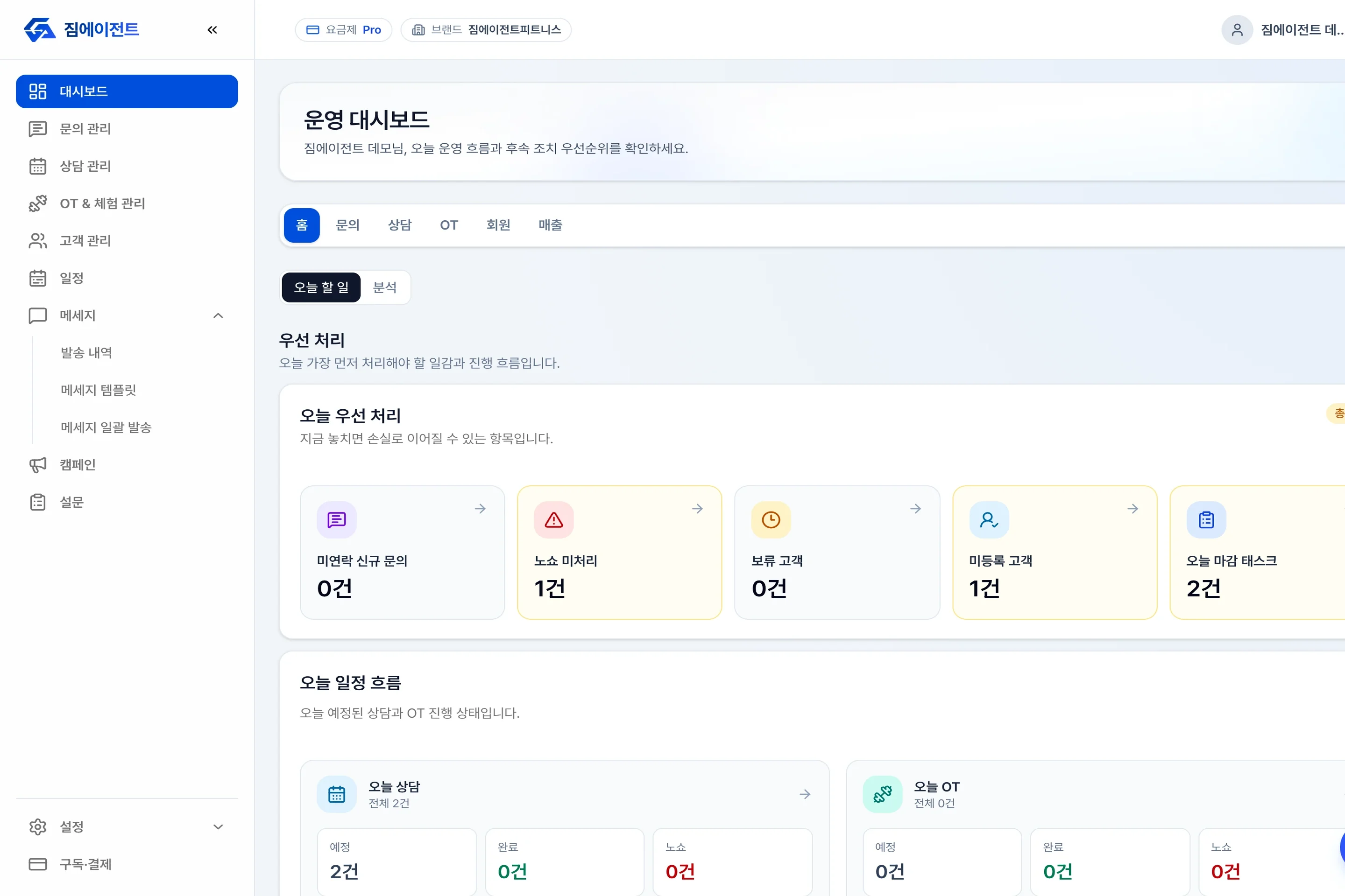 GymAgent 운영 대시보드 화면